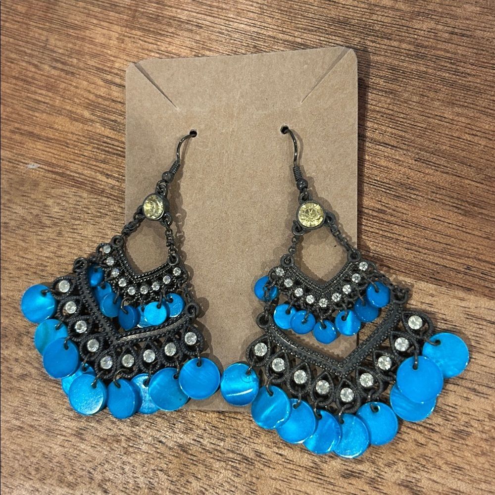Teal Discs and white rhinestone chandelier earrings boho festive funky chic